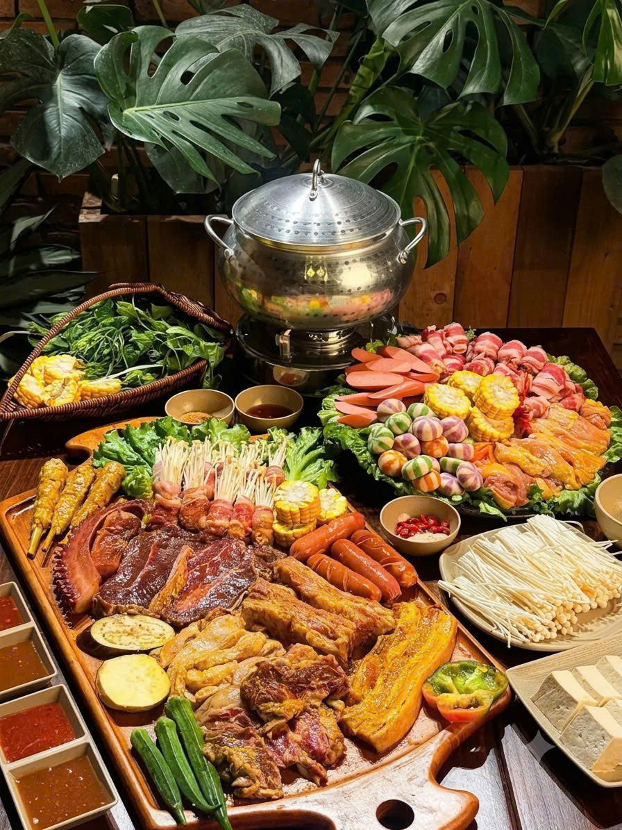Khay thịt nướng và lẩu thập cẩm tại MAY